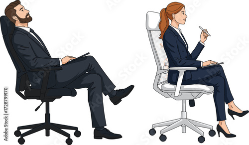 Business professionals seated in modern office chairs, contrasting postures and workplace behavior, corporate attire, note-taking, ergonomic furniture, professional setting