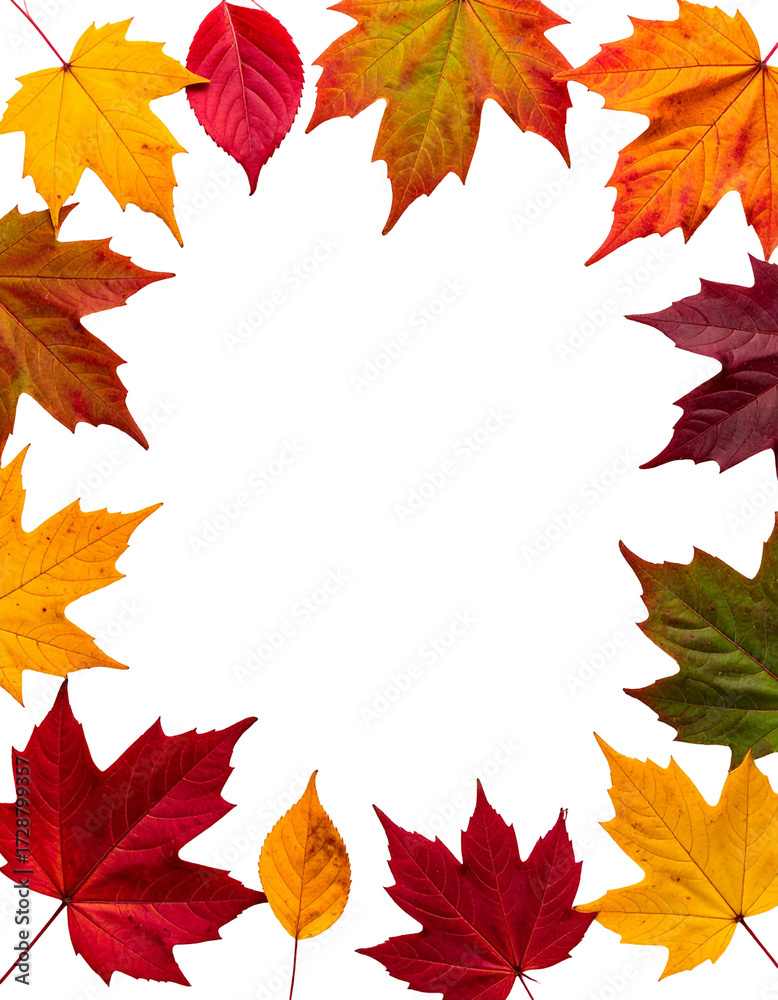 Fototapeta premium Autumn leaves forming a circular frame against a black background