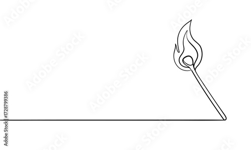 Continuous one line drawing of burning match with stick. Fire line art. Vector illustration