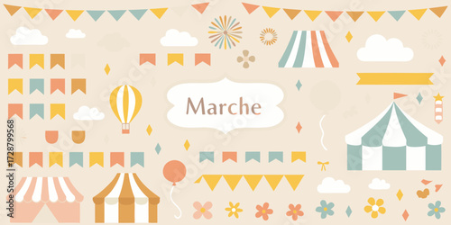 Whimsical circus and carnival elements with marche text and festive decorations