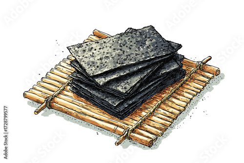 Flat Lay of Dried Nori Sheets on Bamboo Mat edible isolated