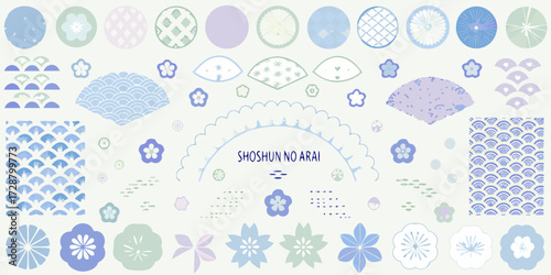Collection of japanese traditional patterns and motifs in soft pastel blue and purple colors