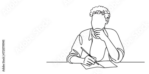 Single continuous line drawing of a thoughtful young man sitting at desk, holding pen and writing on paper while thinking deeply, brainstorming, education, learning, problem solving