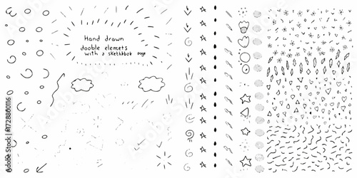 Collection of hand drawn doodle elements and sketches from a sketchbook page