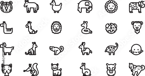 Vector line art set of wild and domestic animals including elephant, horse, bear, kangaroo, dolphin, squirrel, rabbit. EPS-ready for nature, education, and wildlife themes.