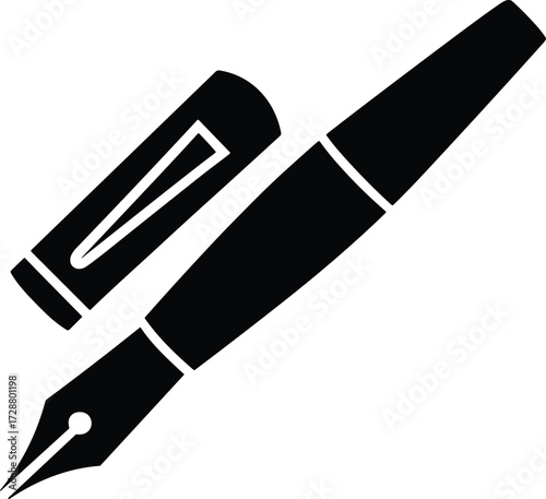  Black silhouette of fountain pen icon, writing tool vector, stationery symbol, calligraphy design element, office and school supply illustration for template