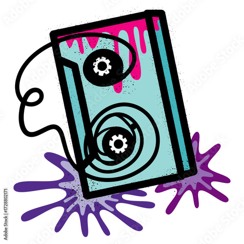 Graffiti of crumpled audio cassette with colorful splashes and drips