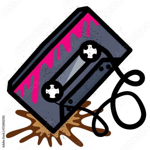 Graffiti of crumpled audio cassette with splashes and drips