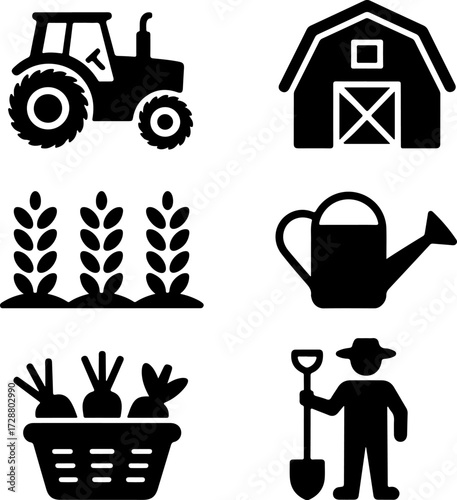 Silhouette Vector Set of Farm Icons Tractor, Barn, Crops, Watering Can, Basket of Vegetables, Farmer