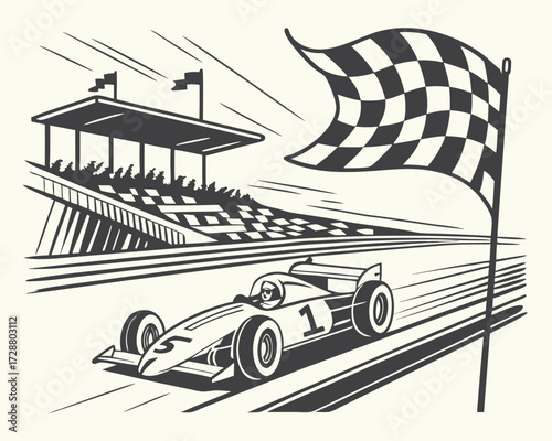 Racing car on a track with dynamic speed lines, checkered flags, tire smoke, and a cheering crowd in the stadium seats.