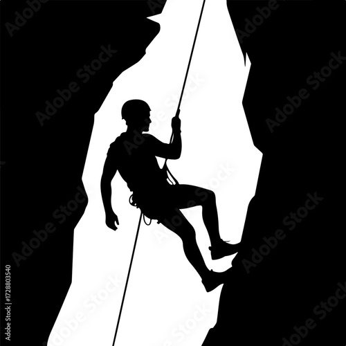 Dynamic silhouette of a man rappelling down a dark cave, illustrating extreme adventure and challenging sports