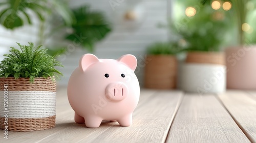 Pink Piggy Bank on Wooden Table Surrounded by Green Plants in Natural Light