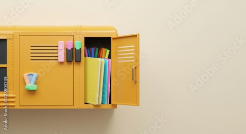 School Locker with Supplies: A vibrant yellow school locker, its door ajar revealing colorful notebooks, pens, and markers, perfectly symbolizing education, organization, and learning