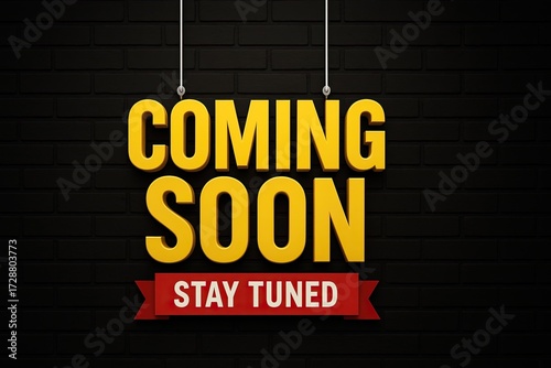 Modern coming soon announcement banner with bold yellow 3d text and red stay tuned ribbon