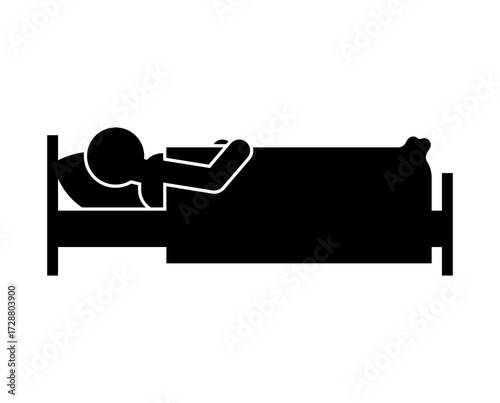 pictogram of a person sleeping in bed, symbolizing rest, health, relaxation, and universal sleep concept in icon design.