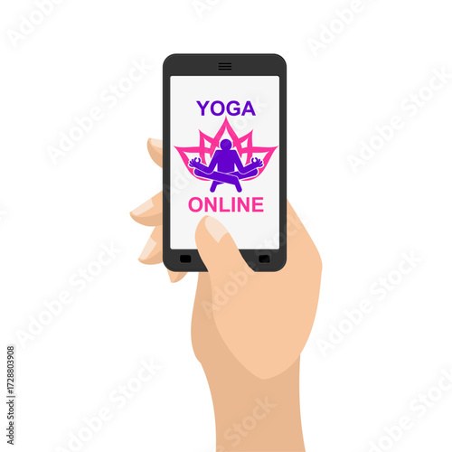 smartphone with yoga online logo. Symbol of digital fitness, meditation apps, healthy lifestyle, and wellness.