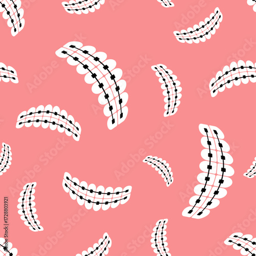 Seamless pattern with orthodontic braces on a pink background, symbolizing dental health, orthodontics, and modern medical design elements.