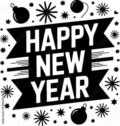 Happy New Year Banner Festive Black and White Design with Ornaments and Stars