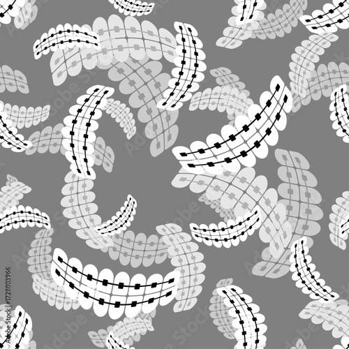 Seamless pattern of smiling mouths with braces in monochrome style. Perfect for dental care, orthodontics, health design, and modern medical backgrounds.