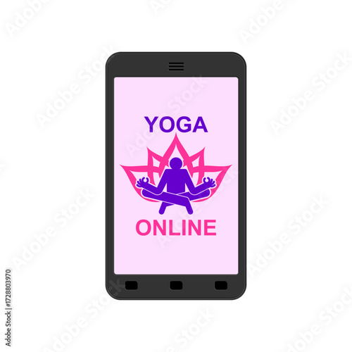smartphone screen with yoga online logo. Symbol of digital wellness, fitness, meditation, and healthy lifestyle.