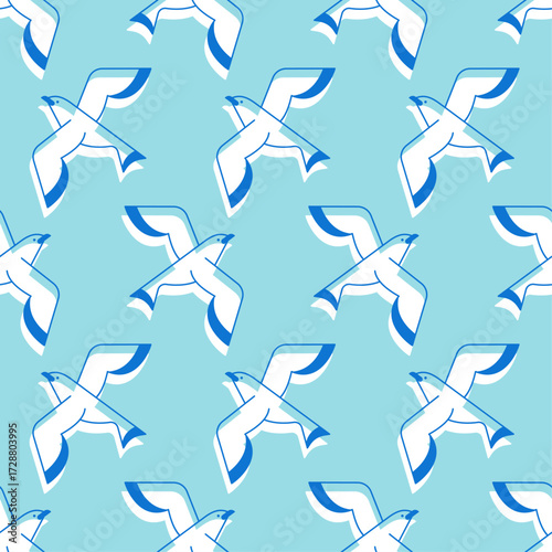 Seamless pattern of flying seagulls on a blue background. Perfect for summer, marine themes, textile design, wallpaper, and nautical illustration.