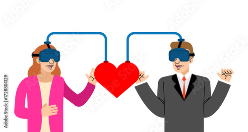 VR dating. Man and woman in virtual reality headsets connected by a red heart, symbolizing online dating, virtual romance, immersive digital communication.
