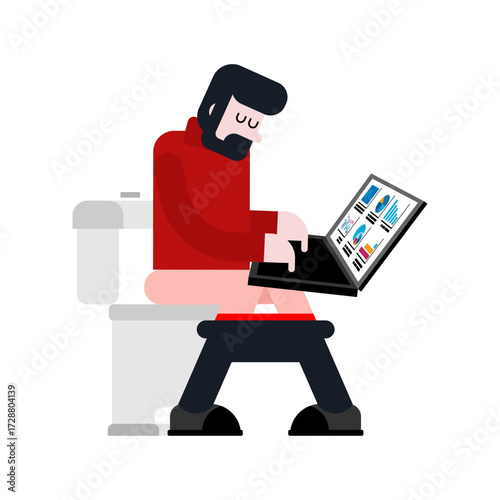 Person sitting on toilet with laptop, symbolizing the presence of technology everywhere, digital dependence, and the humorous side of modern lifestyle.