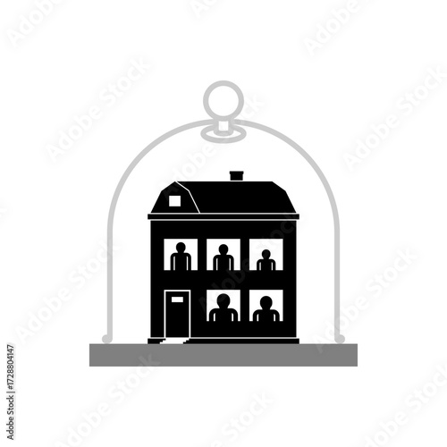 House under glass dome. Cozy house protected under a glass dome, symbolizing safety, home comfort, security, isolation, quarantine, and modern concept of staying safe indoors.