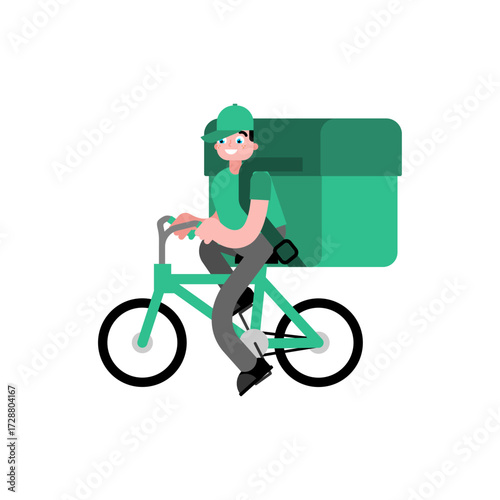 Urban courier riding a green bicycle with delivery backpack, representing eco-friendly delivery service, sustainable transport, and modern city logistics.