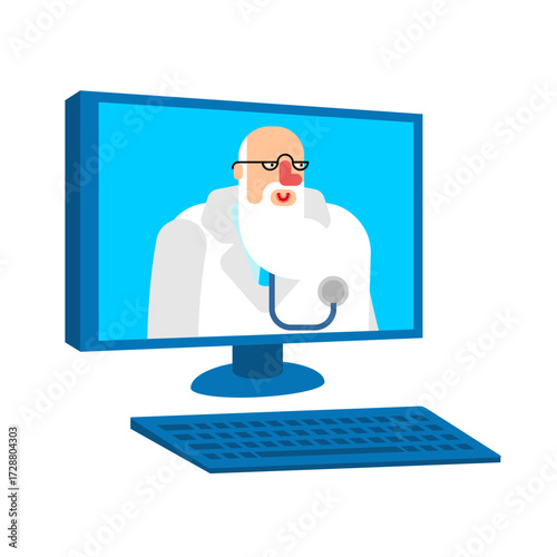 Online doctor telemedicine. Elderly doctor giving online consultation on computer screen, symbolizing telemedicine, remote healthcare service, virtual medical advice, and global access to care.
