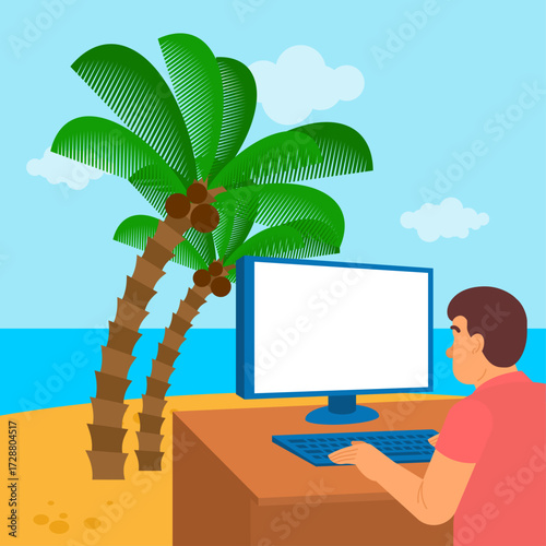 man with laptop on beach. Symbol of freelance, remote work, and digital nomad lifestyle. Perfect for travel, business, and summer design projects.