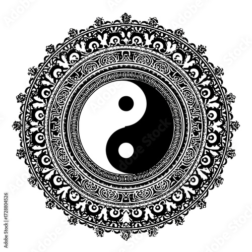 Yin Yang Symbol within Ornate Circular Design