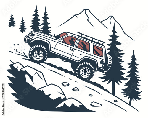 Off-road SUV climbing a rocky mountain path, with large rugged tires, dirt splashes, pine trees, and snowy peaks in the background.