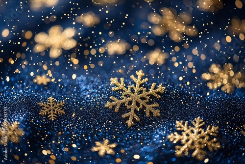 Glittering gold snowflakes on a dark blue, sparkly background