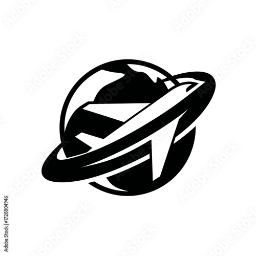 Global travel logo.  A stylized earth globe with an orbiting airplane