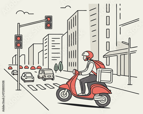 Motorcycle delivery courier wearing a helmet and backpack, riding a red scooter through a busy urban street with tall buildings and traffic lights.