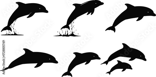 PrintSilhouette dolphins jumping, swimming, leaping, marine life illustration, ocean wildlife, aquatic animals, playful sea creatures, underwater nature, black dolphin design, vector art