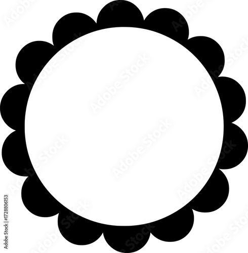 Black and white circular frame with scalloped edge ideal for labels stickers and decorative designs.