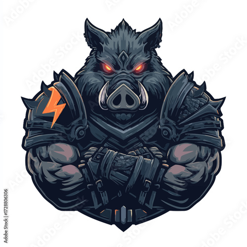 Armored boar warrior with red eyes and an orange lightning bolt