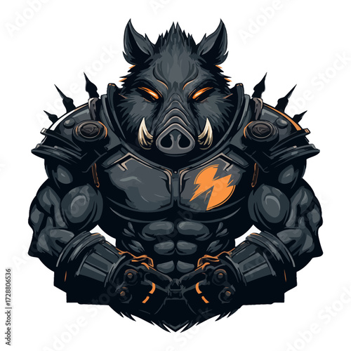 Armored boar warrior with glowing eyes and lightning bolt