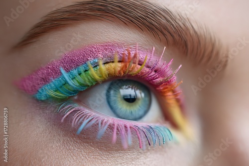 Wallpaper Mural Vibrant eye makeup art with neon colors, captured in an urban environment, showcasing creative expression and artistic photography. Torontodigital.ca