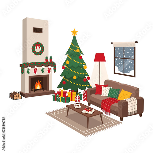 Cozy living room decorated for Christmas with a fireplace, tree, and presents.