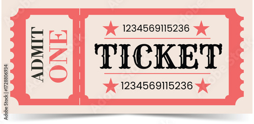 Vintage Admit One Ticket Design with Red Border and Black Text on a Faded Beige Background with Shadow