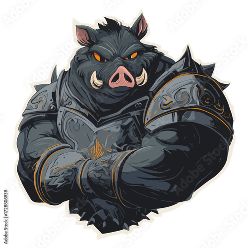 A muscular anthropomorphic boar warrior in ornate dark armor with glowing orange eyes