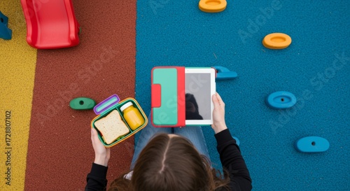 Digital break: The scene captures a woman sitting with a tablet and a lunchbox. Her image presents an interesting scene. The tablet is positioned in front of her. A lunchbox rests in her lap.  