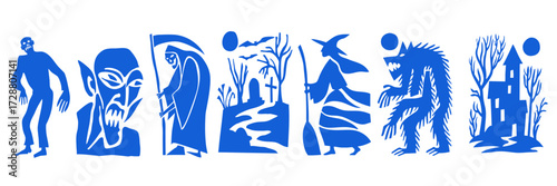 Abstract halloween cut out style icons of spooky design elements