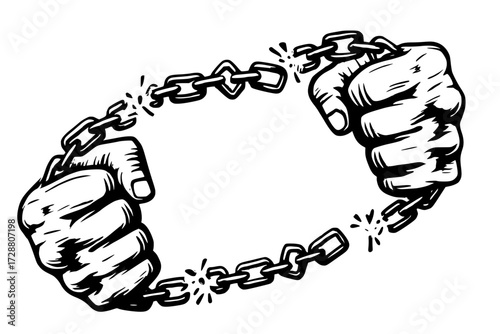 Powerful fist breaks through chain links symbolizing freedom and overcoming obstacles