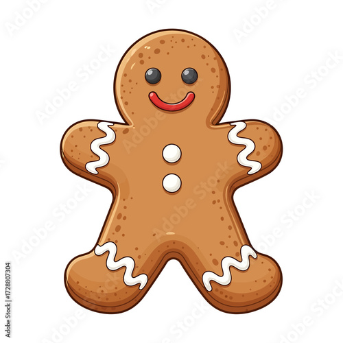 Cute cartoon illustration of a traditional gingerbread man cookie. A festive holiday character for Christmas baking, isolated on a white background