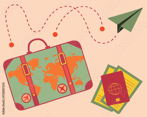 Minimalist travel concept featuring a suitcase with destination stickers, a world map with dotted flight routes, a paper airplane, passport with boarding pass