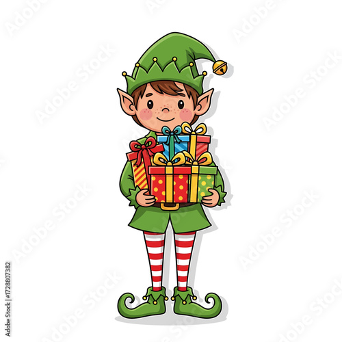 A cute cartoon Christmas elf in a green outfit holding a stack of colorful wrapped gifts.